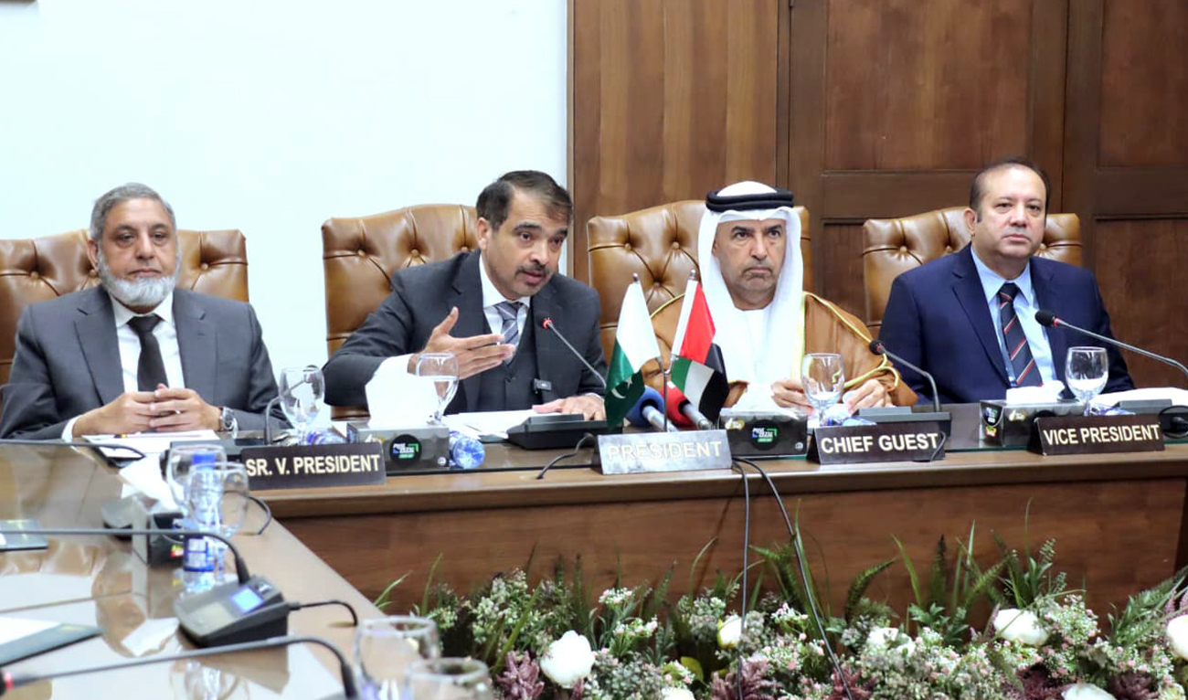 Lahore Chamber of Commerce & Industry President Faheem Ur Rehman Saigol (second left) speaks during a visit of the UAE Ambassador Salem Mohammed Al Zaabi (second right) in Lahore, Pakistan, on February 11, 2026. (LCCI)