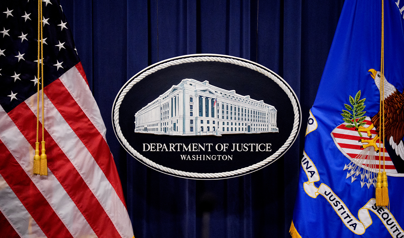 The Department of Justice logo is displayed before US Attorney General Pam Bondi arrives for a news conference at the Department of Justice in Washington DC, US, on May 6, 2025. (AFP/File)