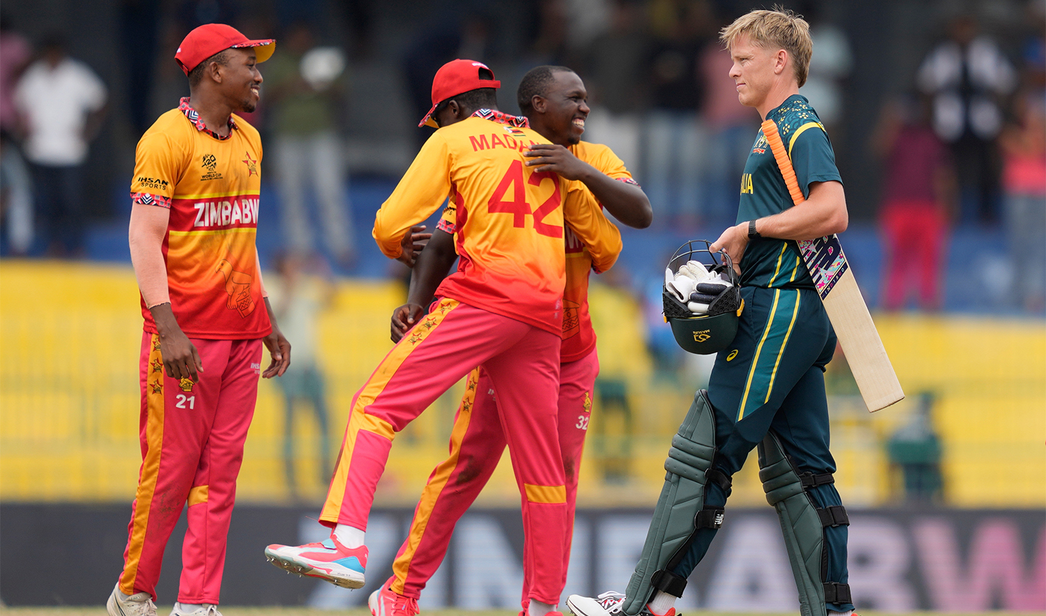 Zimbabwe's players celebrates after won the T20 World Cup cricket match against Australia in Colombo, Sri Lanka, on Feb. 13, 2026. (AP)