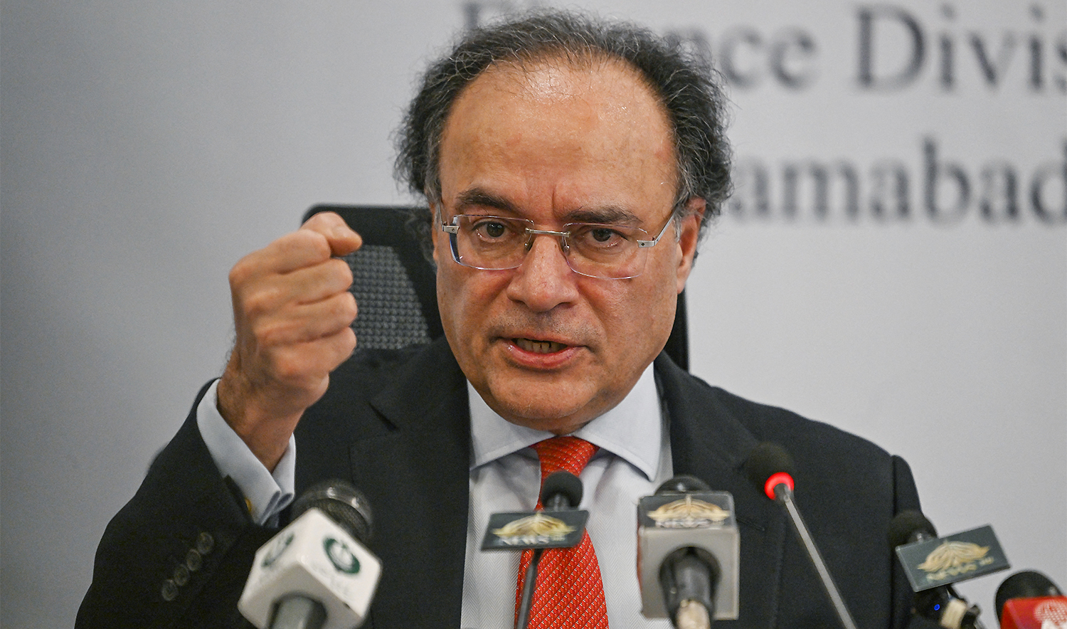 Pakistan's Finance Minister Muhammad Aurangzeb presents the Pakistan Economic Survey 2024-25 report during a media briefing in Islamabad June 9, 2025. (AFP/File)