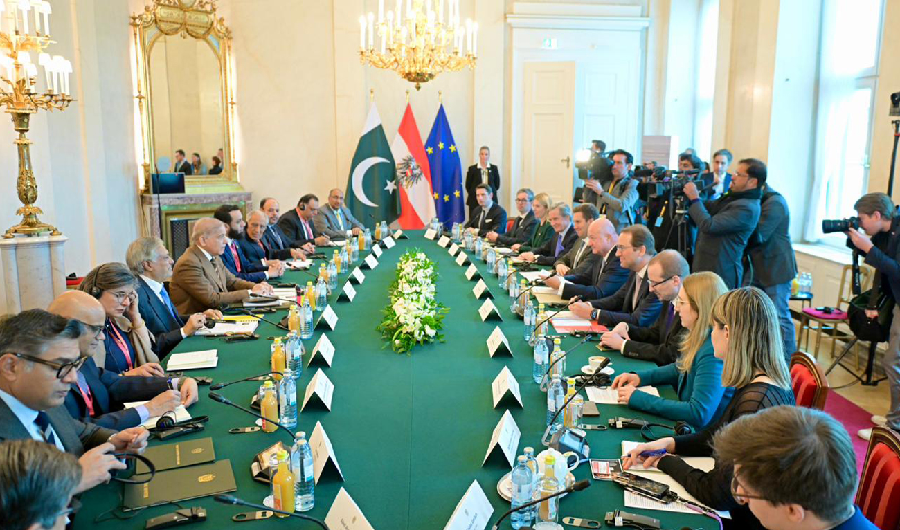 Prime Minister Shehbaz Sharif in delegation level talks with Austrian Chancellor Christian Stocker in Vienna, on February 16, 2026. (PMO)