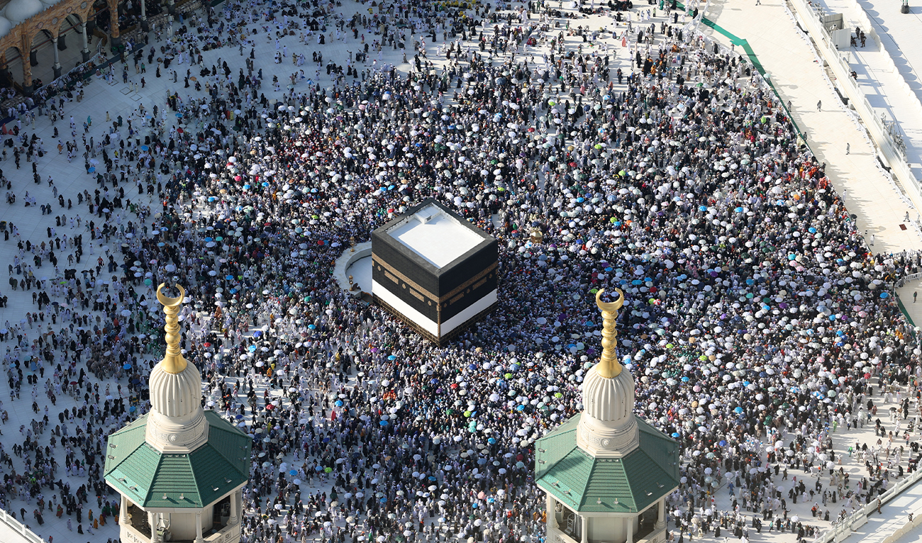 This aerial view shows Muslims visiting the Grand Mosque in the Saudi holy city of Mecca on June 8, 2025, at the end of the annual Hajj pilgrimage. (AFP/File)