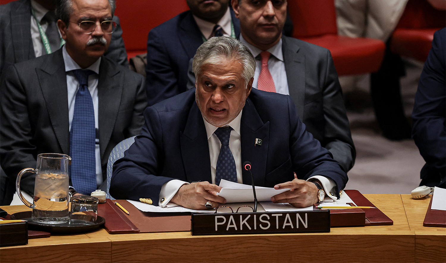 Pakistani Deputy Prime Minister and Minister for Foreign Affairs Mohammad Ishaq Dar addresses the Security Council during the meeting on the situation in the Middle East, at UN headquarters in New York City, US, on February 18, 2026. (REUTERS)
