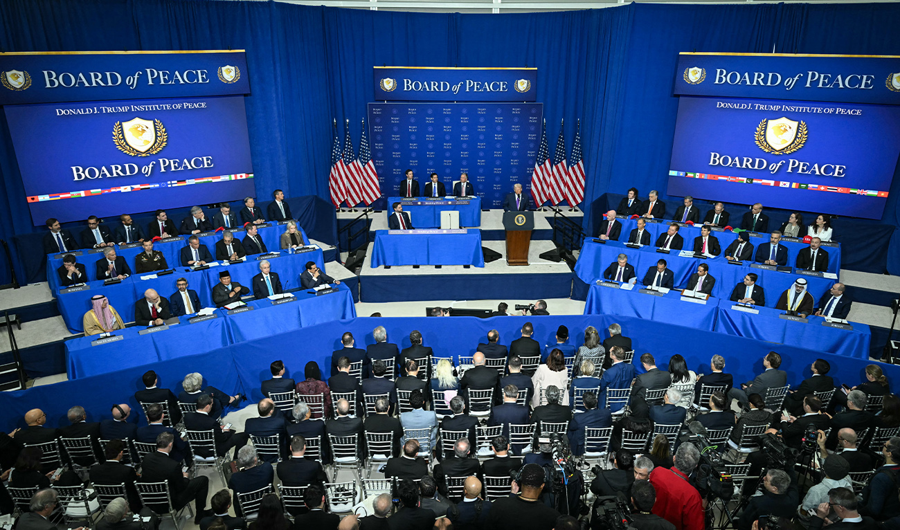US President Donald Trump delivers remarks during the inaugural meeting of the "Board of Peace" at the US Institute of Peace in Washington, DC, on February 19, 2026. (AFP)