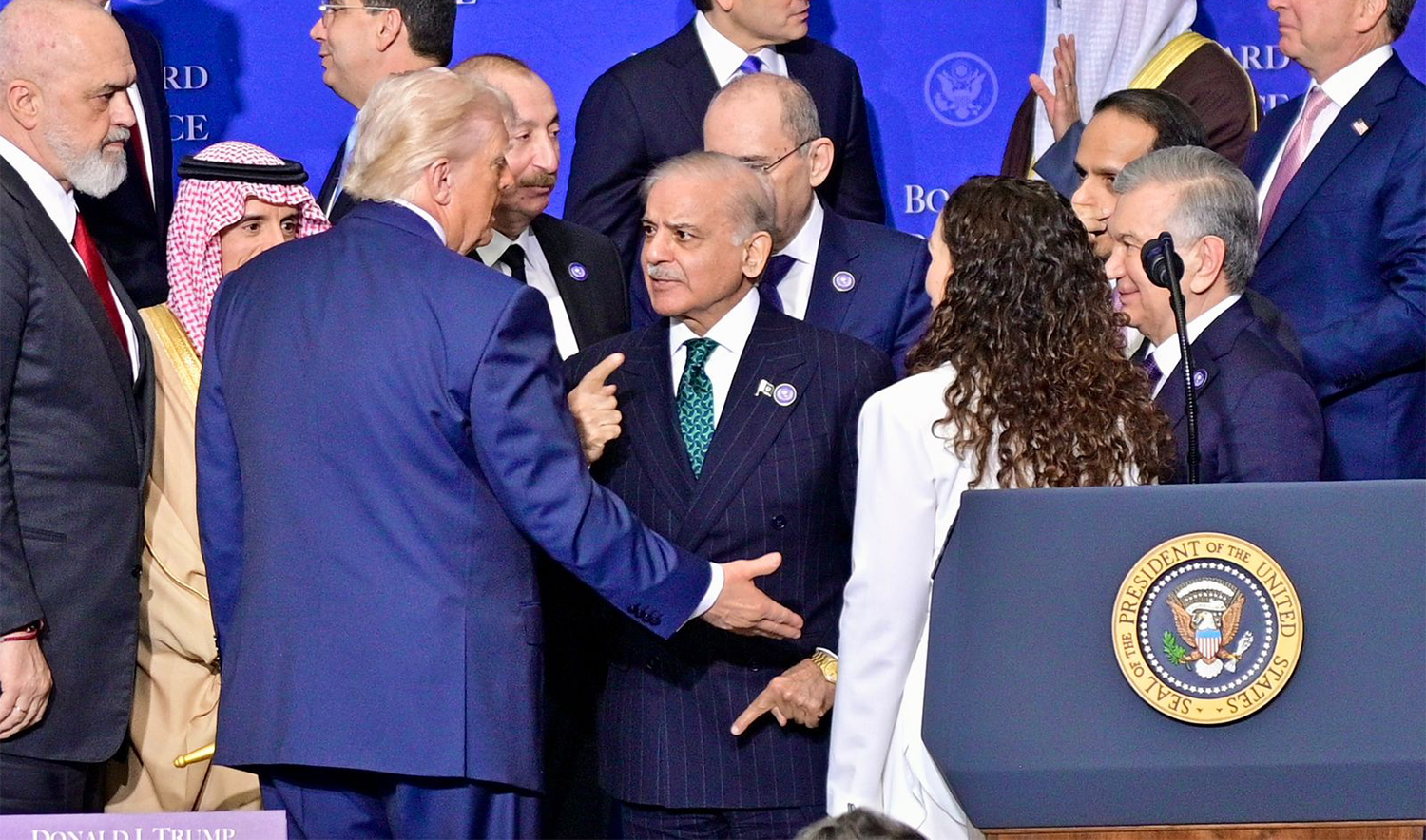 Pakistan’s Prime Minister Muhammad Shehbaz Sharif meets US President Trump after the conclusion of the inaugural meeting of the Board of Peace in Washington, on February 19, 2026. (PM Office)
