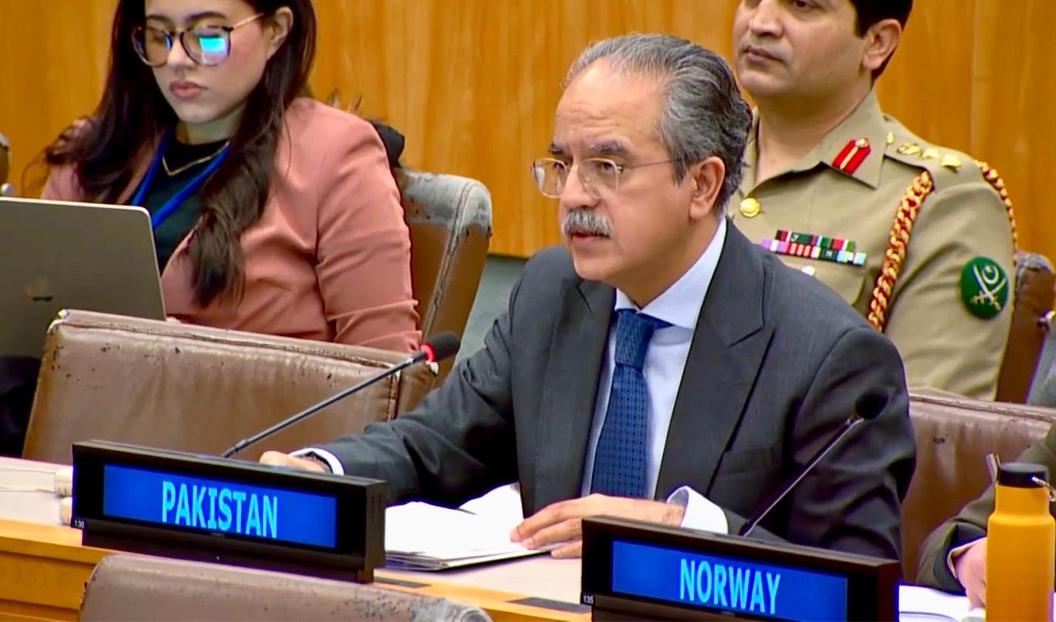 Pakistan’s Permanent Representative to the UN, Asim Iftikhar Ahmad, is addressing an opening of the Special Committee on Peacekeeping Operations in New York, US, on Feb. 20, 2026. (@PakistanUN_NY/X)