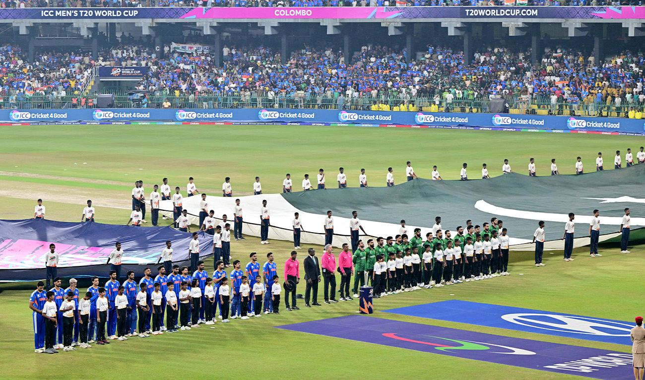 India and Pakistan team players stand for the national anthem next before the start of their 2026 ICC Men's T20 Cricket World Cup group stage match at the R Premadasa Stadium in Colombo on February 15, 2026. (AFP/File)