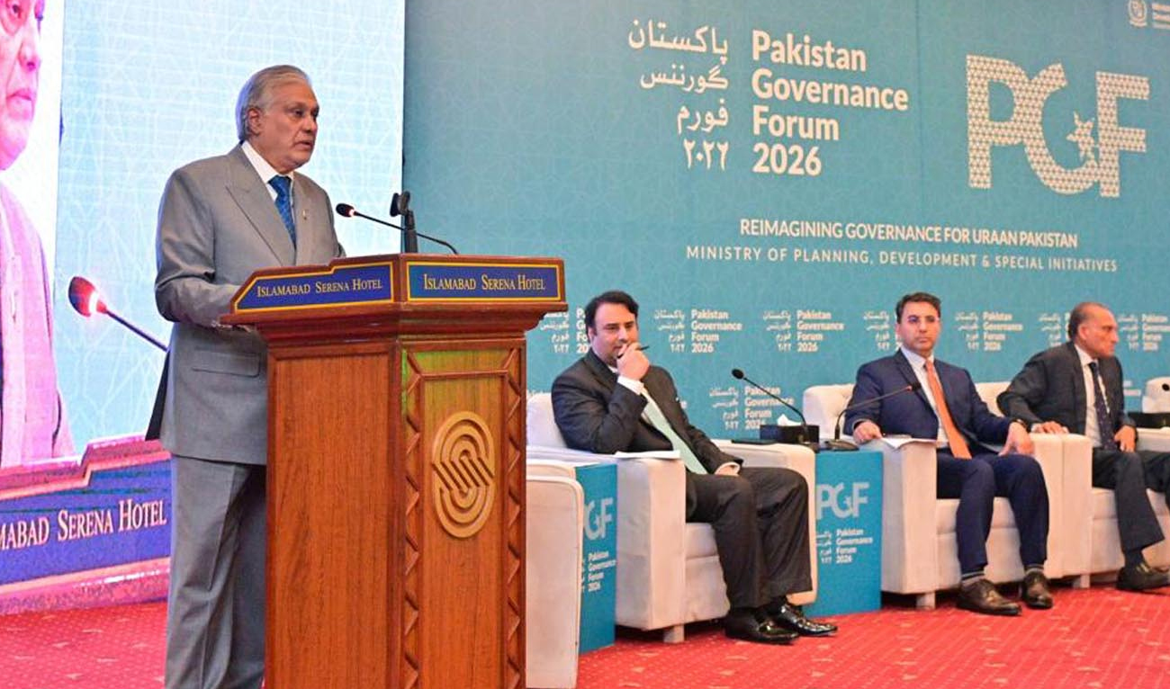 Deputy Prime Minister Ishaq Dar (left) speaks at the Pakistan Governance Forum 2026 in Islamabad on February 25, 2026. (PID)