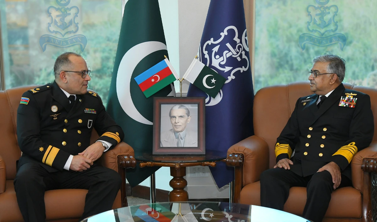 Commander of Azerbaijan Naval Forces, Rear Admiral Shahin Mammadov (Left), calls on Chief of the Naval Staff Admiral Naveed Arshad (Right) at Naval Headquater in Islamabad, on February 3, 2026. (DGPR Navy/X)
