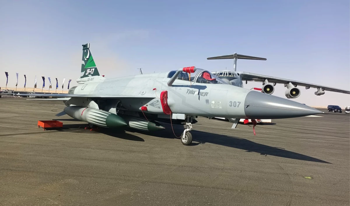 The picture posted by Pakistan Strategic Forum on February 7, 2026, shows Pakistan’s JF-17 fighter at World Defense Exhibition in Riyadh. (Pakistan Strategic Forum/X)