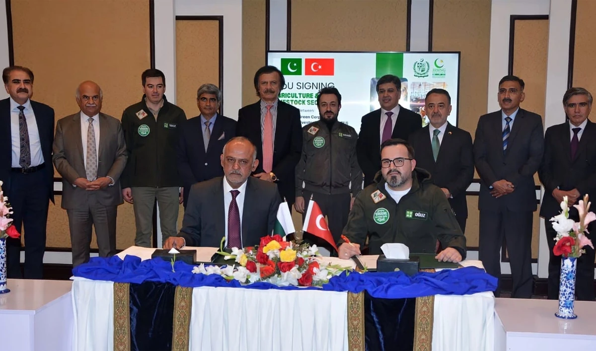 The photograph released on February 13, 2026, shows officials from Pakistan and Türkiye posing for a group photo during a Memorandum of Understanding (MoU) signing ceremony in Islamabad, Pakistan. (X/@jameelaq)