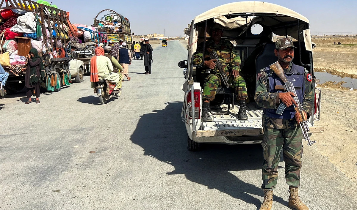 Members of the Balochistan Constabulary police force guard a road leading to the Chaman Border Terminal, following exchanges of fire between Pakistani and Afghan forces, at the border crossing between the two countries in Chaman, Pakistan, February 28, 2026. (Reuters)