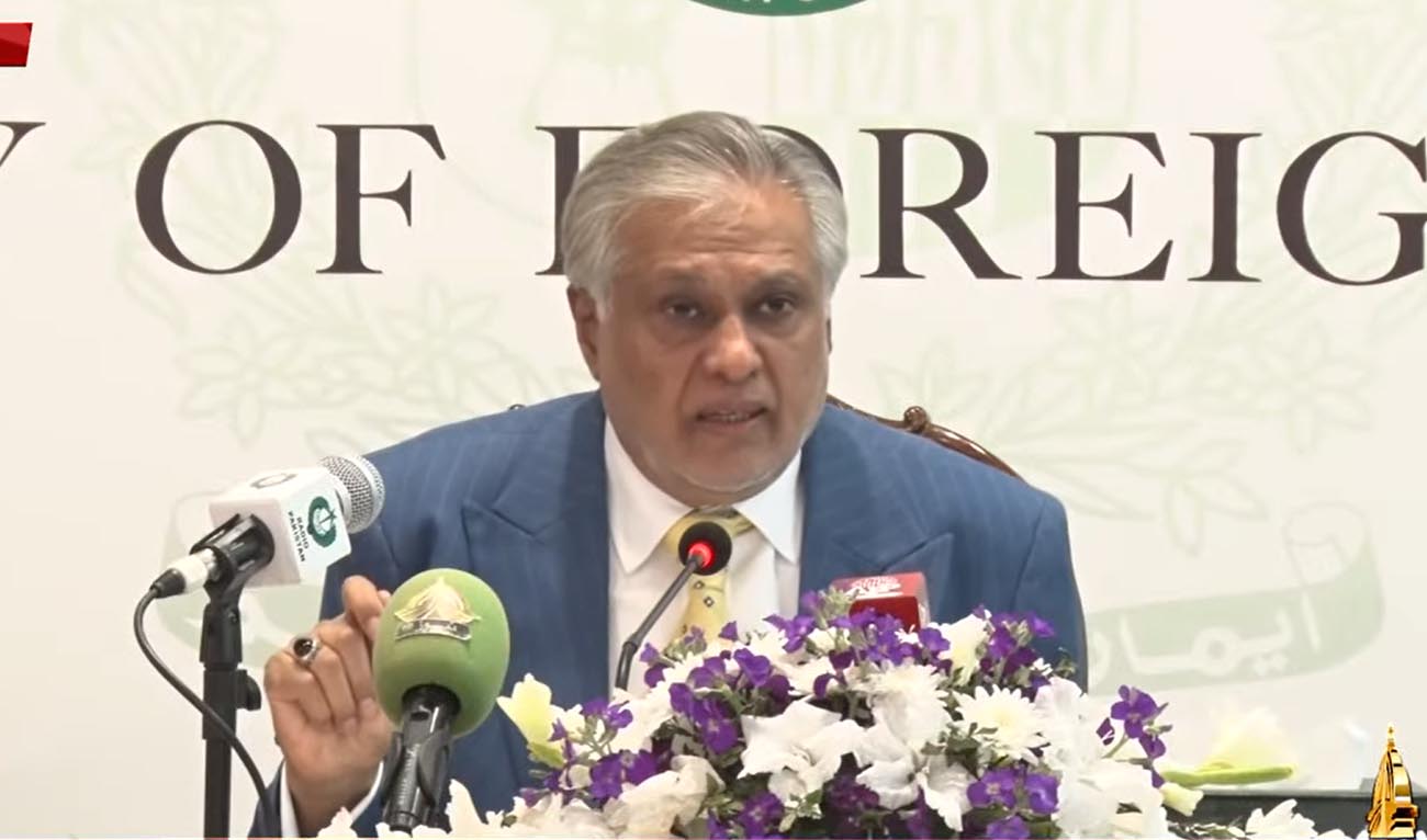 Pakistan Foreign Minister Ishaq Dar speaks during a press conference in Islamabad on March 2, 2026. (PTV/ screengrab)