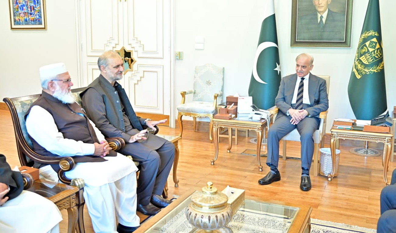 Prime Minister Shehbaz Sharif (right) meeting a delegation of the Jamaat-e-Islami party led by Hafiz Naeem ur Rehman (center) in Islamabad, Pakistan, on March 5, 2026. (PMO)