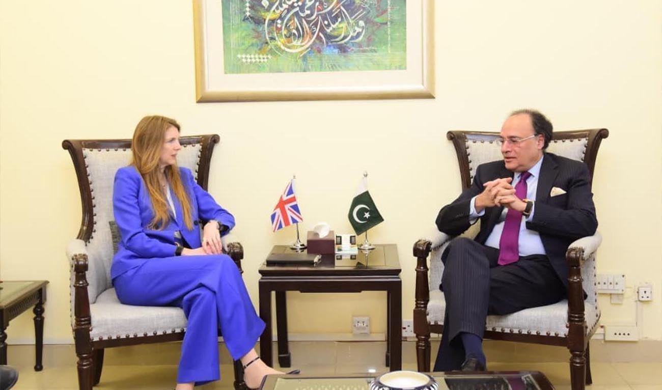 Pakistan Finance Minister Muhammad Aurangzeb in a meeting with Jane Marriott, British High Commissioner to Pakistan, at the Finance Division in Islamabad on March 5, 2026. (Finance Minister)