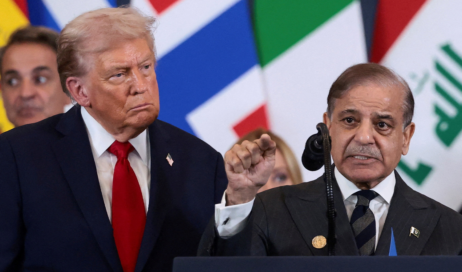 U.S. President Donald Trump looks at Pakistan's Prime Minister Shehbaz Sharif speaking following the official signing of the first phase of the Gaza ceasefire agreement between Israel and Hamas, during a world leaders' summit on ending the Gaza war, in Sharm El-Sheikh, Egypt, on October 13, 2025. (REUTERS/File)