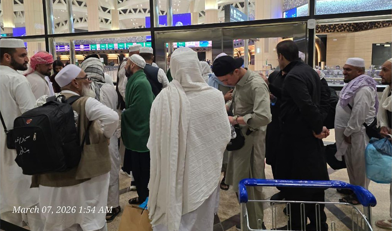 Pakistani nationals await at the airport in Saudi Arabia for their flight back home on March 7, 2026. (Pakistan Embassy in Riyadh)