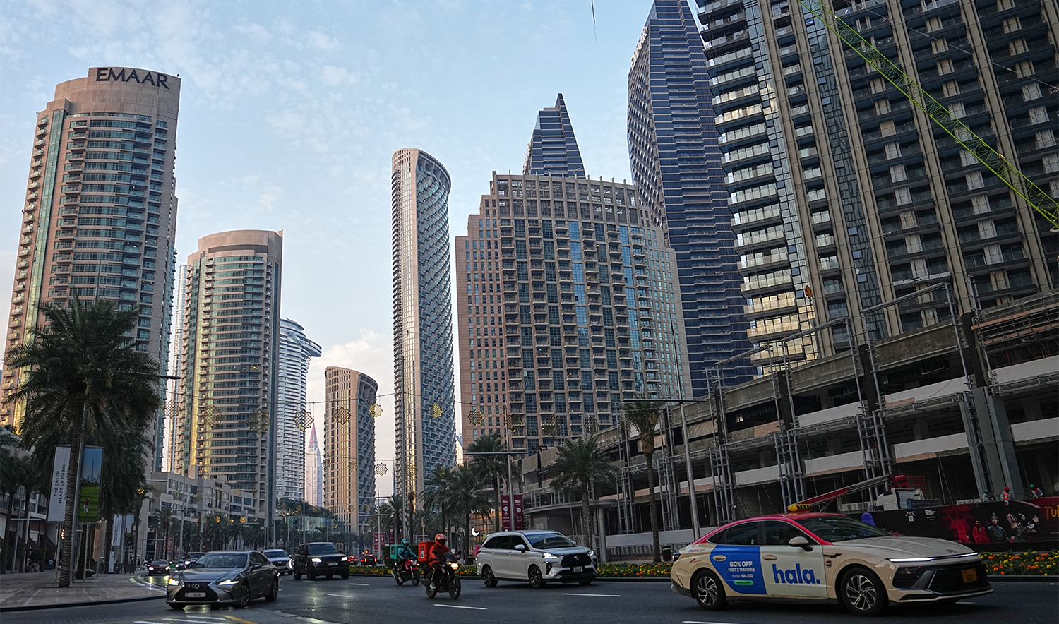 Light traffic moves along a main road in downtown Dubai, United Arab Emirates, on March 7, 2026. (AP)
