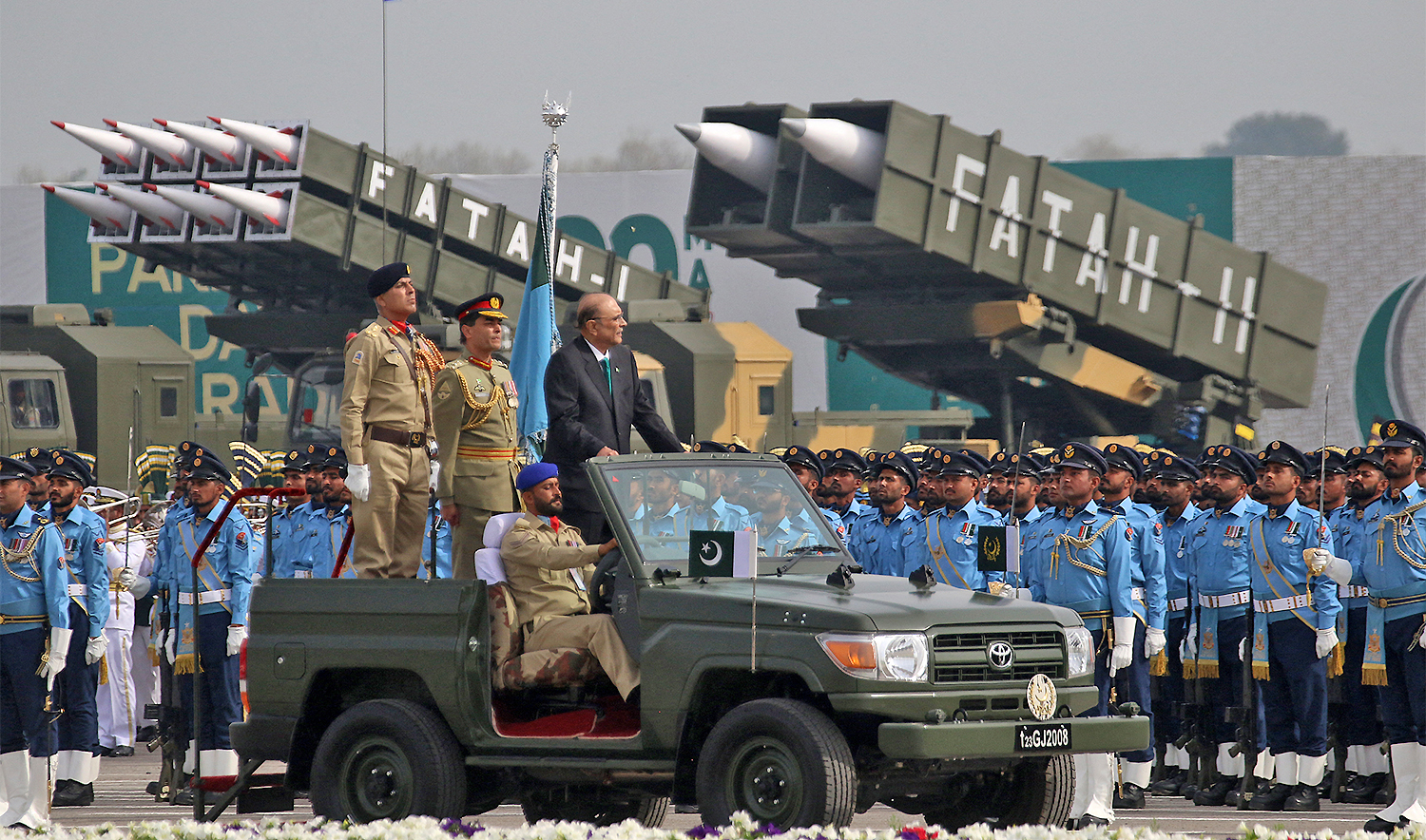 Pakistan's President Asif Ali Zardari (C) inspects a guard of honour during Pakistan's national day parade in Islamabad on March 23, 2024. (AFP/File)