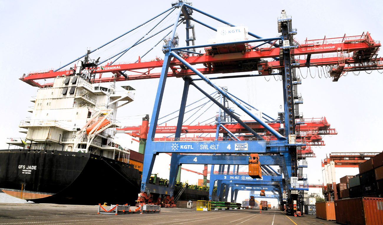 This picture taken on March 11, 2026, shows a cargo ship set to sail from a sea port in Karachi, Pakistan. (KPT)