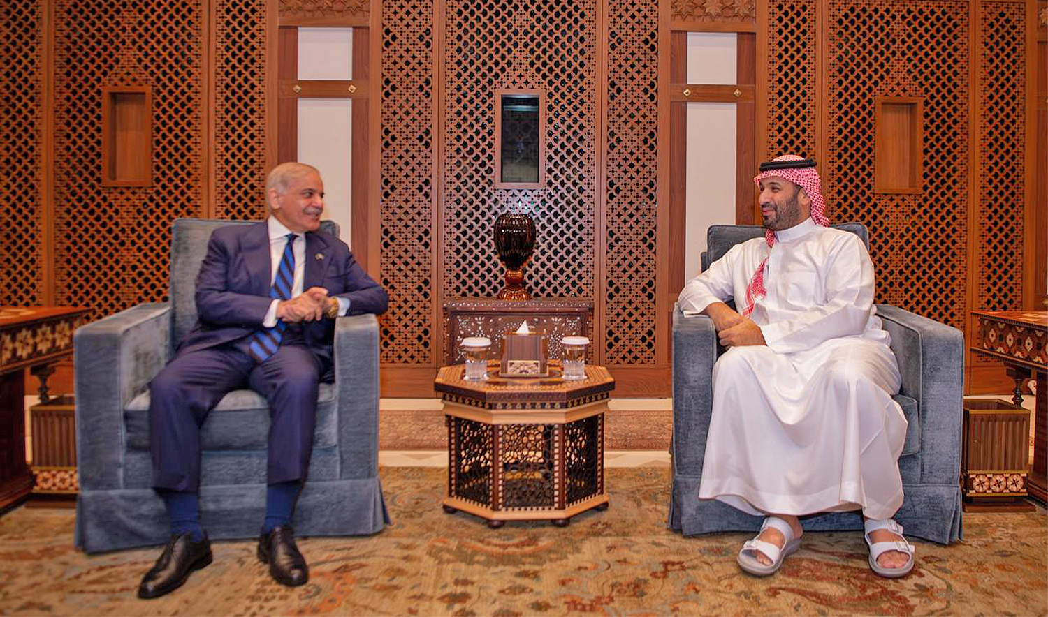 Pakistan Prime Minister Shehbaz Sharif (left) meets Saudi Crown Prince Mohammed bin Salman in Jeddah on March 12, 2026. (Government of Pakistan)