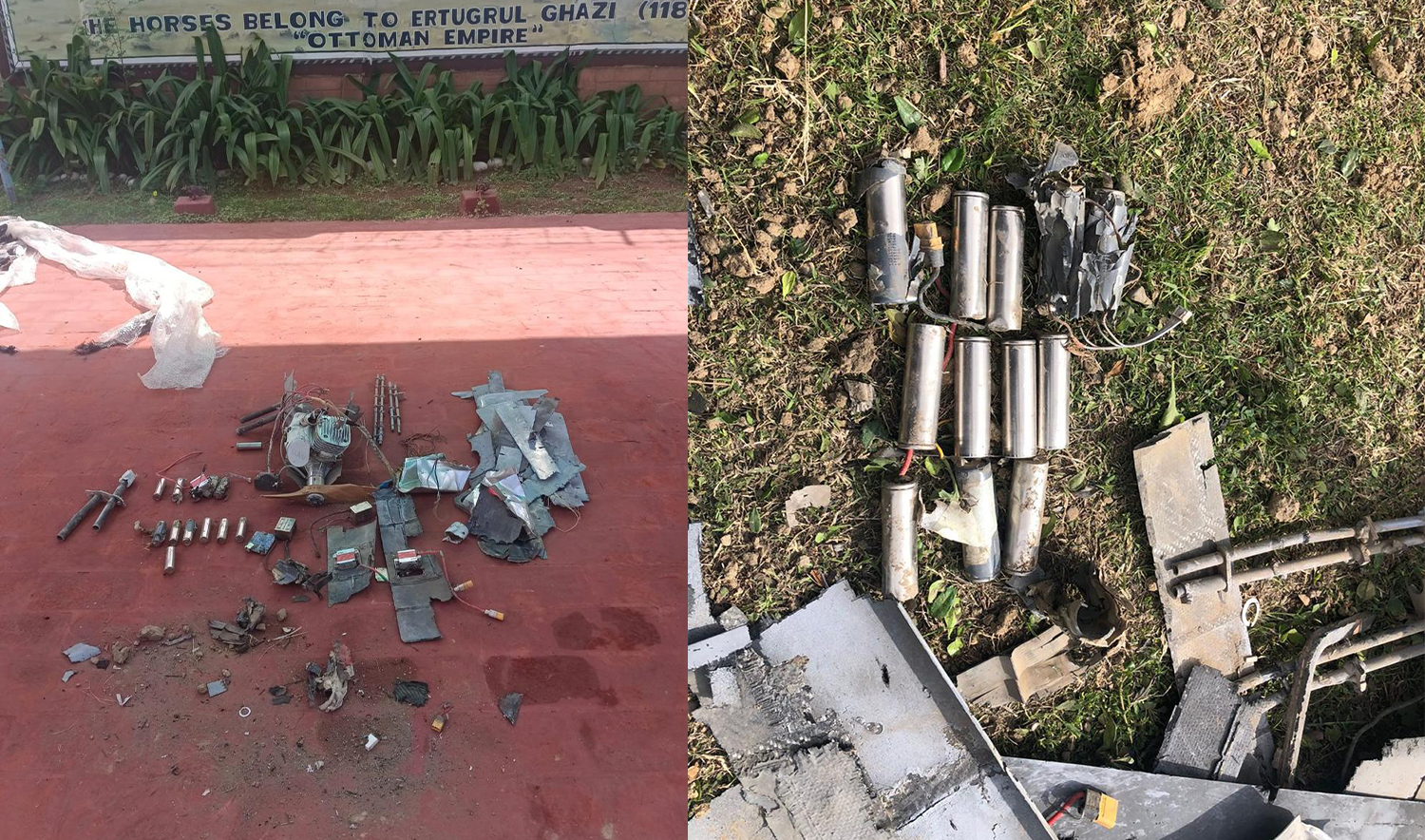 Footage released by police in Kohat city, in Pakistan’s northwestern Khyber Pakhtunkhwa province, on March 13, 2026, shows drones intercepted by Pakistani security forces in Kohat, Pakistan. (Kohat Police)