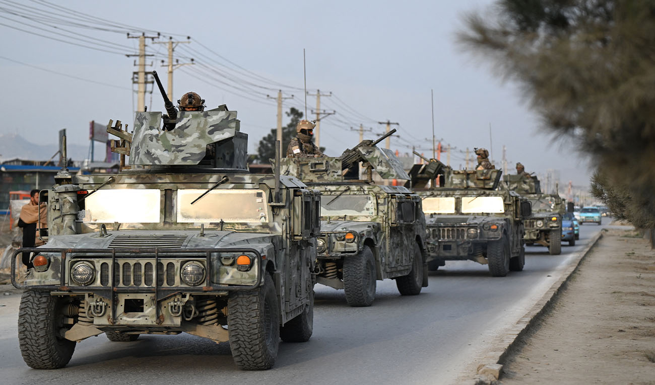 Taliban security personnel arrive in armored Humvees, after Pakistani airstrikes hit the Omid Addiction Treatment Hospital in Kabul, on March 17, 2026. (AFP/File)