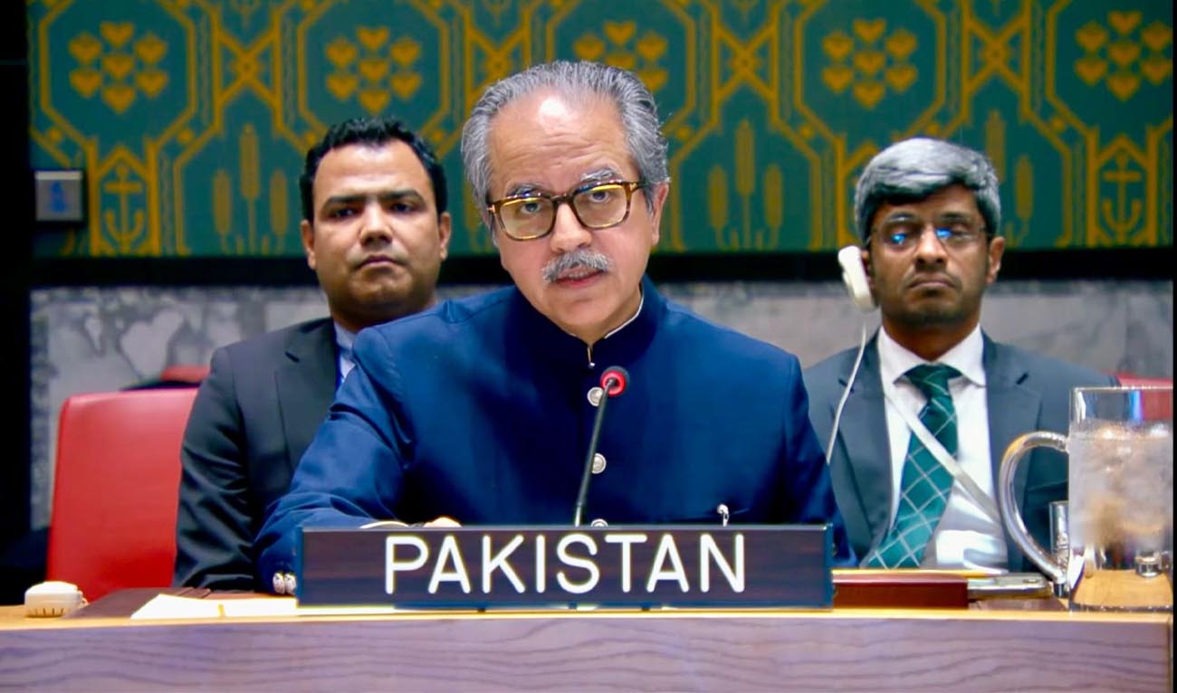 Pakistan’s Ambassador to the UN Asim Iftikhar Ahmad speaks at a United Nations Security Council briefing on Ukraine, on March 24, 2026. (@PakistanUN_NY/ X)