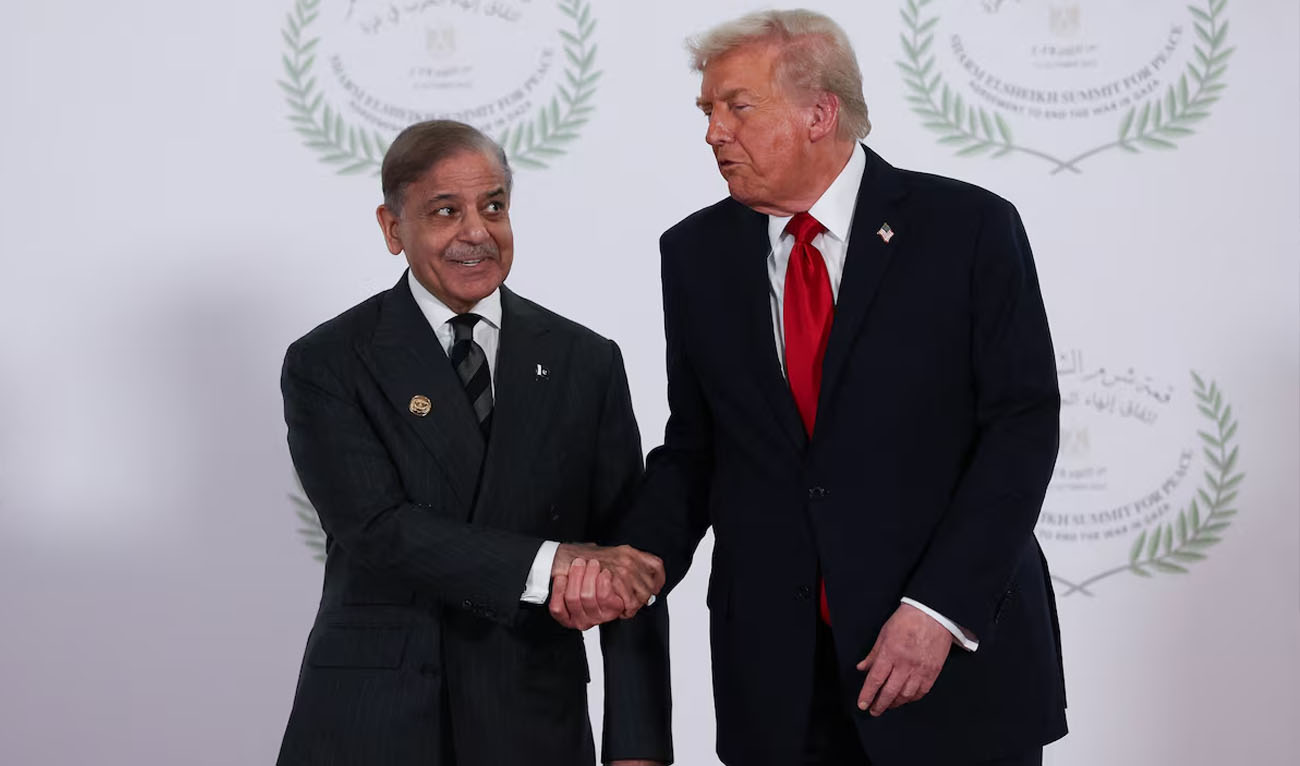 U.S. President Donald Trump and Pakistani Prime Minister Shehbaz Sharif (left) shake hands as they pose for a photo, at a world leaders' summit on ending the Gaza war, amid a U.S.-brokered prisoner-hostage swap and ceasefire deal between Israel and Hamas, in Sharm el-Sheikh, Egypt, on October 13, 2025. (Reuters/File)