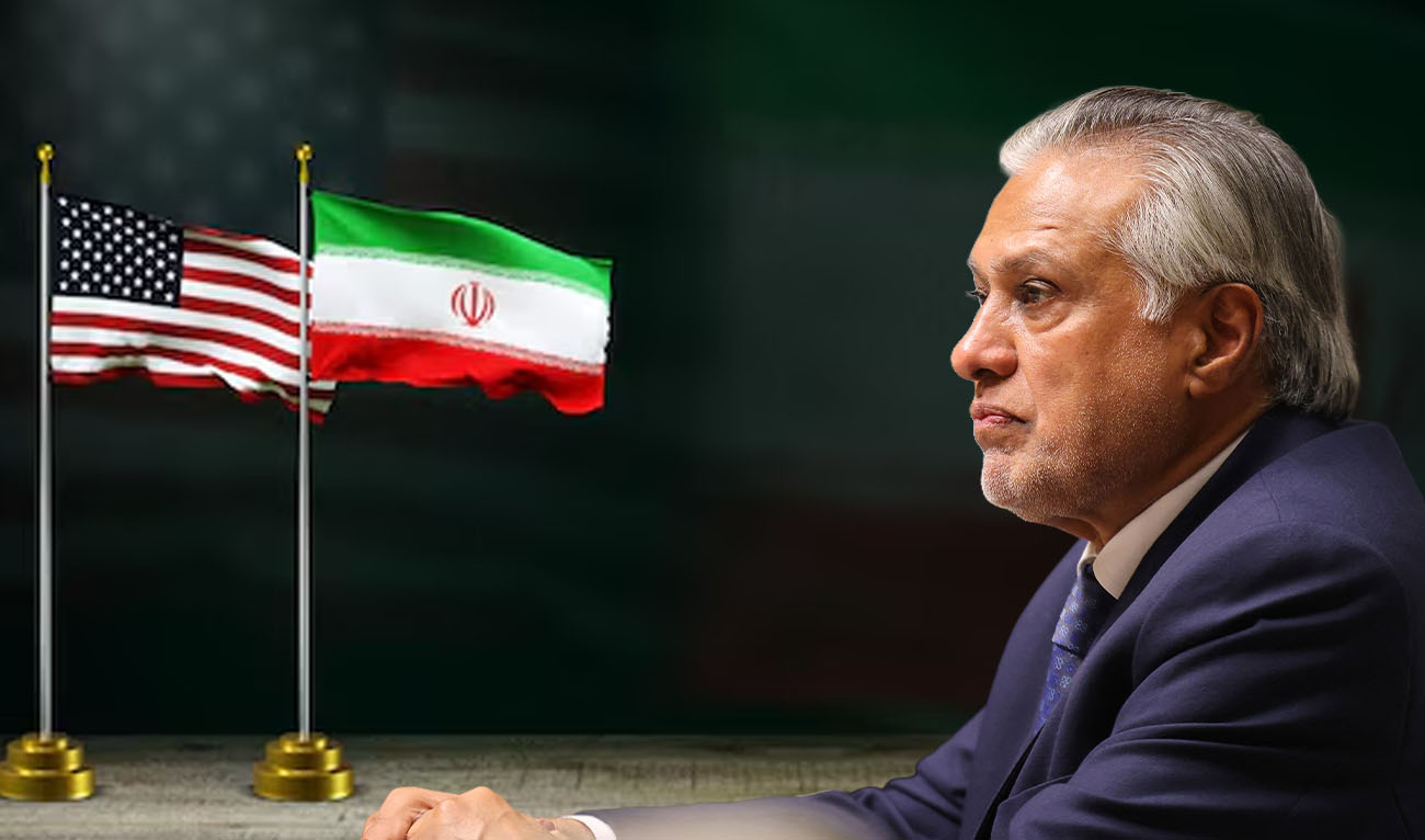 Image collage created on March 26, 2026, shows Pakistani Deputy Prime Minister and Foreign Minister Ishaq Dar (right) alongside the flags of Iran and the U.S. (left). (AFP/File)