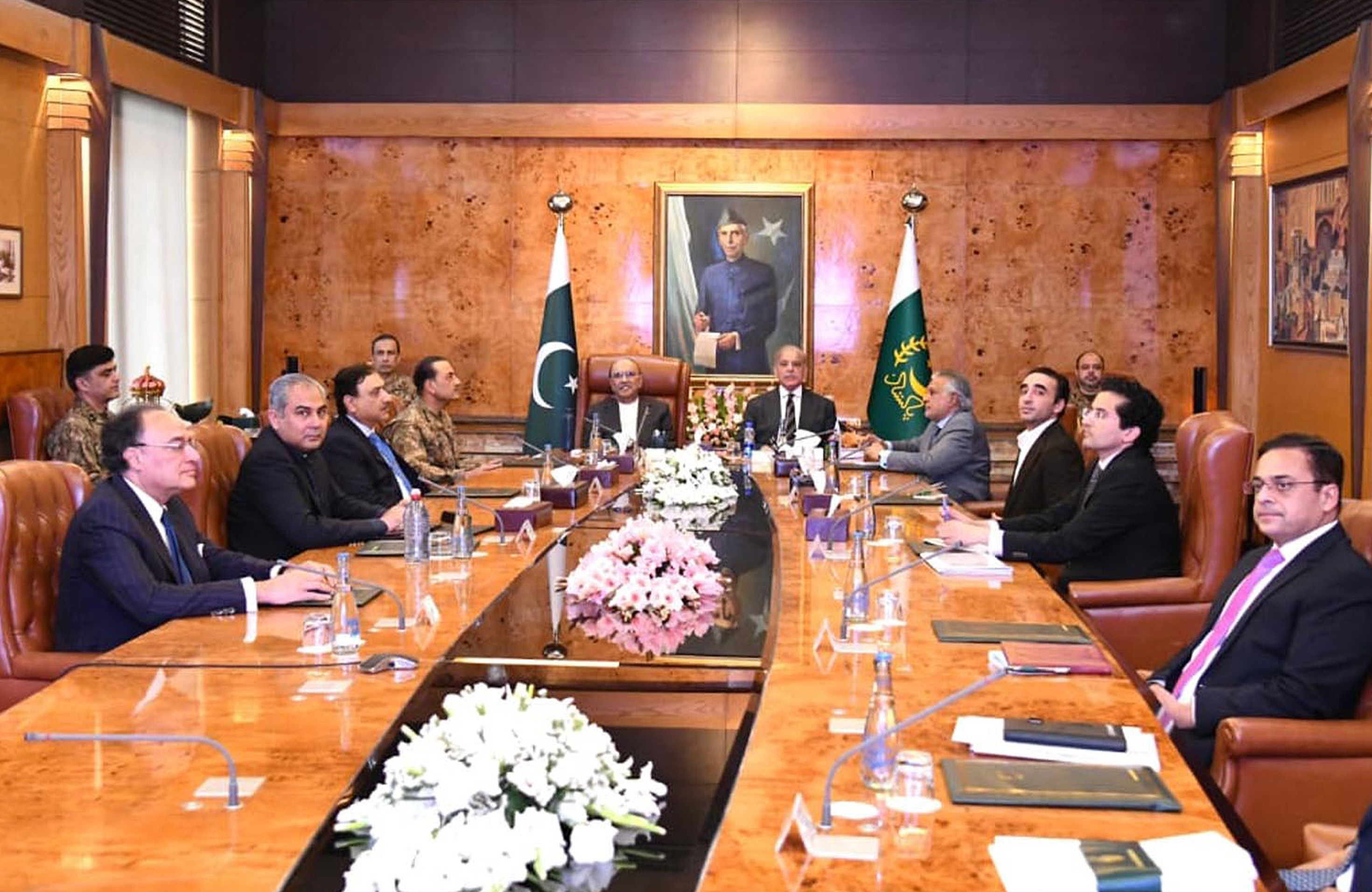 President of Pakistan, Asif Ali Zardari (fifth-left) and Prime Minister of Pakistan, Shehbaz Sharif (fifth-left) presiding over a meeting including civil-military leadership of Pakistan in Islamabad on March 26, 2026. (PID)