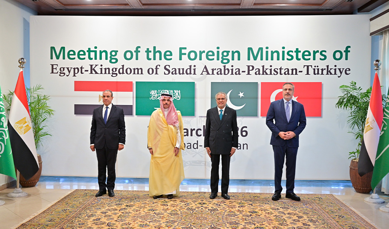 (From left to right) Foreign ministers of Egypt, Saudi Arabia, Pakistan and Turkiye stand for picture as they gather in Islamabad on March 29, 2026, to hold talks on Iran war. (Government of Pakistan)