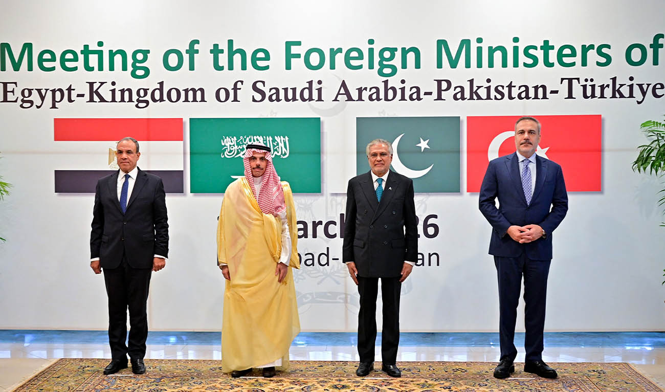 This handout photograph taken on March 29, 2026 and released by Pakistan's Ministry of Foreign Affairs shows Pakistan's Foreign Minister Ishaq Dar (2R) posing for a photograph with his counterparts Turkey's Hakan Fidan (R), Saudi Arabia's Faisal bin Farhan (2L) and Egypt's Badr Abdelatty before their meeting at the Foreign Ministry office in Islamabad. (AFP)
