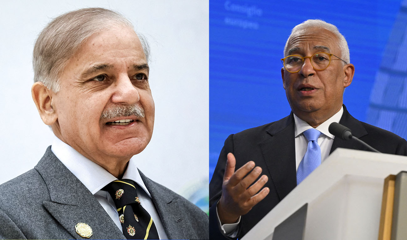Photo collage from March 30, 2026, shows Pakistan Prime Minister Shehbaz Sharif (left) and European Council President António Costa (right) during separate events. (AFP/Reuters/File)