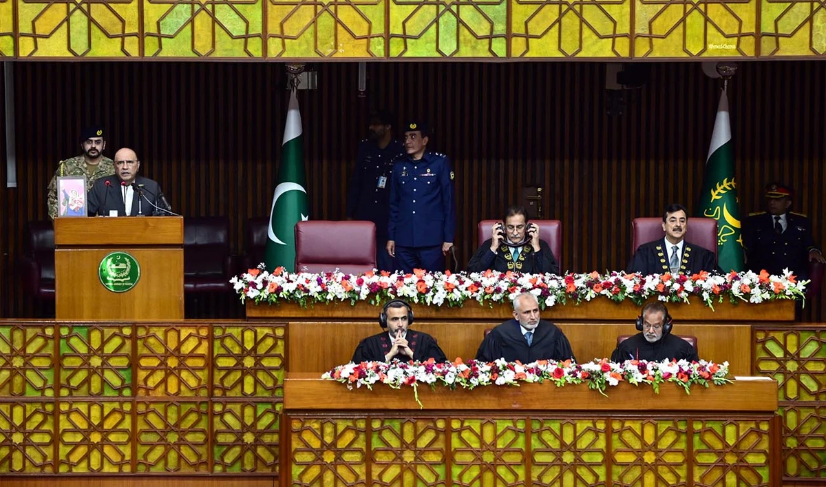 President Asif Ali Zardari addresses a joint session of Pakistan Parliament in Islamabad on March 2, 2026. (PID)