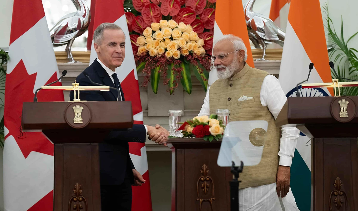 Canadian Prime Minister Mark Carney and Indian Prime Minister Narendra Modi shake hands following the presentation of agreements and joint statements in New Delhi, India, on March 2, 2026. (AP)