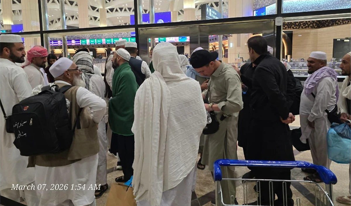 Pakistani nationals await at the airport in Saudi Arabia for their flight back home on March 7, 2026. (Pakistan Embassy in Riyadh)