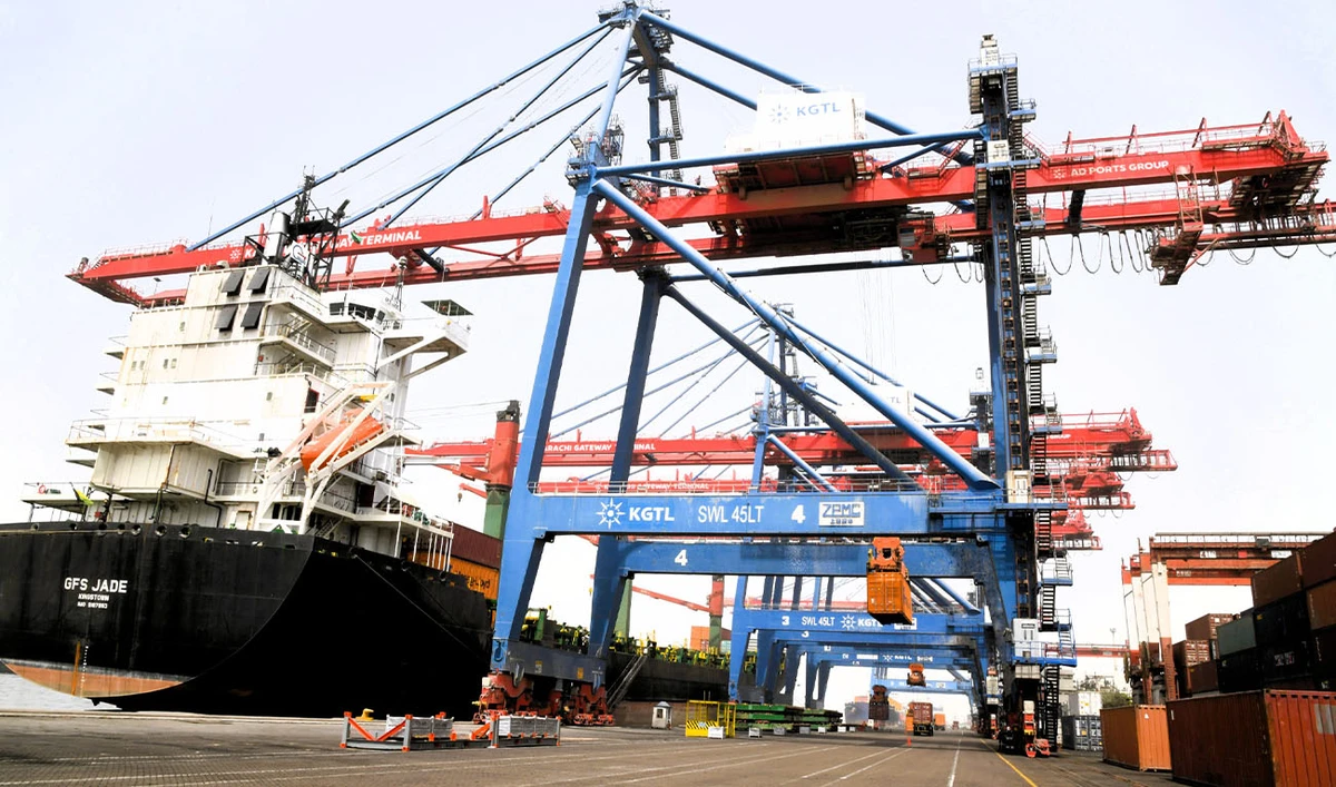 This picture taken on March 11, 2026, shows a cargo ship set to sail from a sea port in Karachi, Pakistan. (KPT)