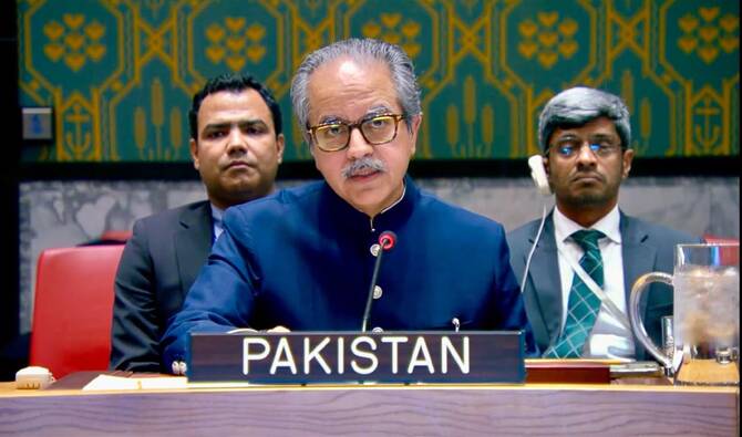 Pakistan’s Ambassador to the UN Asim Iftikhar Ahmad speaks at a United Nations Security Council briefing on Ukraine, on March 24, 2026. (@PakistanUN_NY/ X)