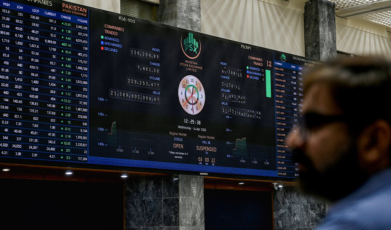 A stockbroker looks at share prices on a digital board during a trading session at the Pakistan Stock Exchange (PSX) in Karachi on April 1, 2026. (AFP)