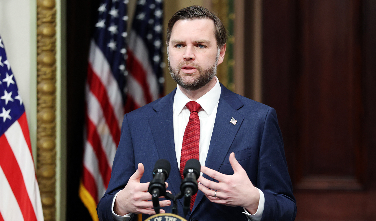 US Vice President JD Vance delivers remarks before swearing in Colin McDonald to be the Assistant Attorney General for fraud enforcement at the Department of Justice in the Indian Treaty Room of the Eisenhower Executive Office Building in Washington, DC on April 01, 2026. (AFP)