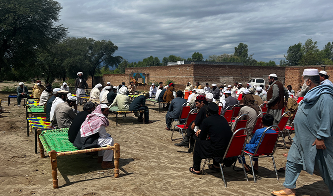 This picture, taken on April 5, 2026, shows residents gathering in Domel town of Bannu district, Pakistan’s northwestern Khyber Pakhtunkhwa (KP) province, to mourn the death of Naqeeb Ullah Khan and four family members following a deadly suicide bombing. (AN photo)