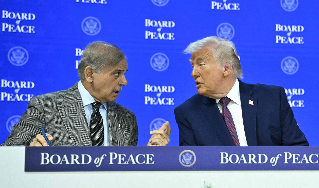Pakistan’s Prime Minister Shehbaz Sharif speaks with US President Donald Trump (left) at the “Board of Peace” meeting during the World Economic Forum (WEF) annual meeting in Davos on January 22, 2026. (AP/File)