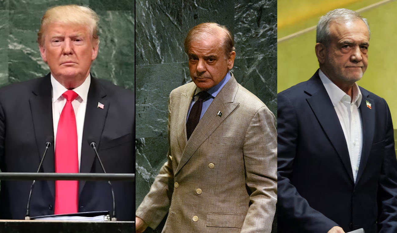 Collage created on April 8, 2026 shows Pakistan’s Prime Minister Shehbaz Sharif (center) and US President Donald Trump (left) and Iranian President Masoud Pezeshkian (right). (AFP/Reuters/File)