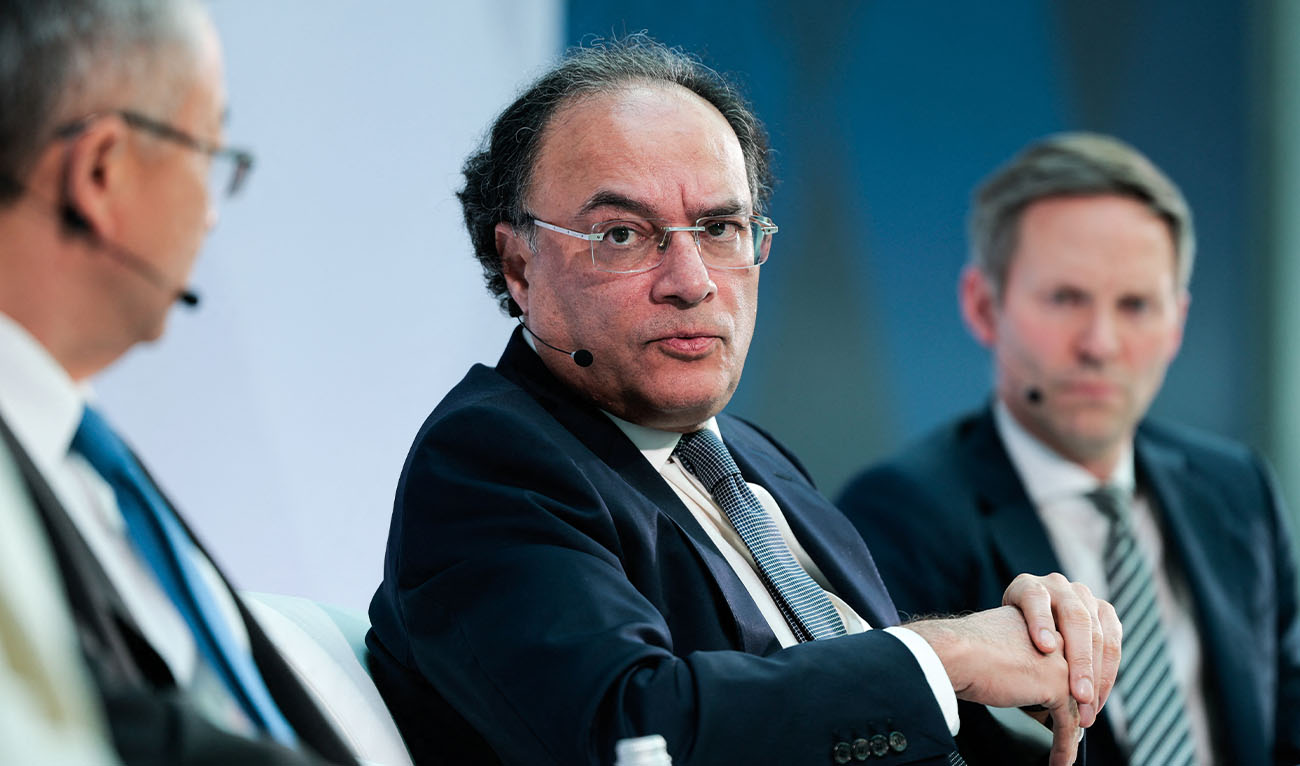 Pakistan's Finance Minister Muhammad Aurangzeb (C) speaks during a panel discussion titled "MENA Economies Navigating War; Managing Shocks and Shaping the Future" during the 2026 IMF and World Bank Group Spring Meetings in Washington, DC, on April 14, 2026. (AFP/File)