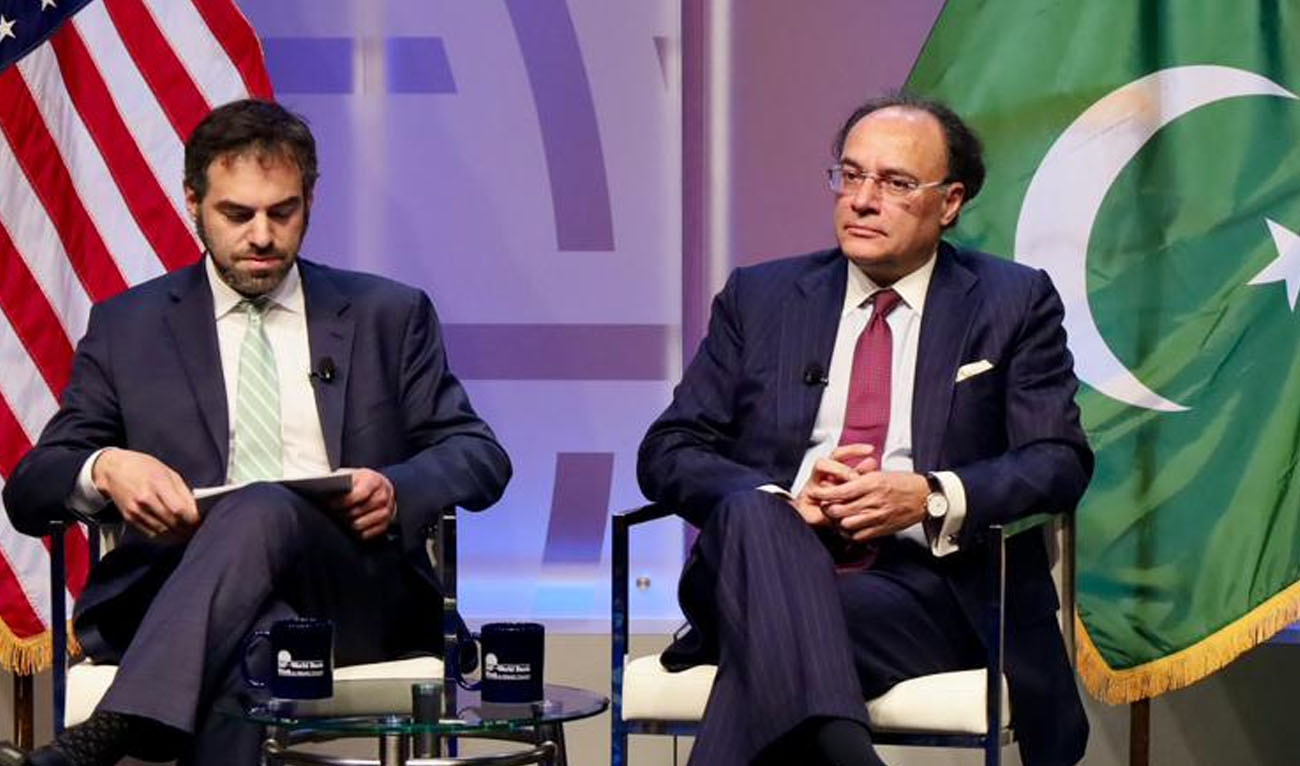 Pakistan’s Finance Minister Muhammad Aurangzeb (right) at the Atlantic Council during the IMF-World Bank Spring Meetings 2026 in Washington, DC, on April 15, 2026. (AFP)