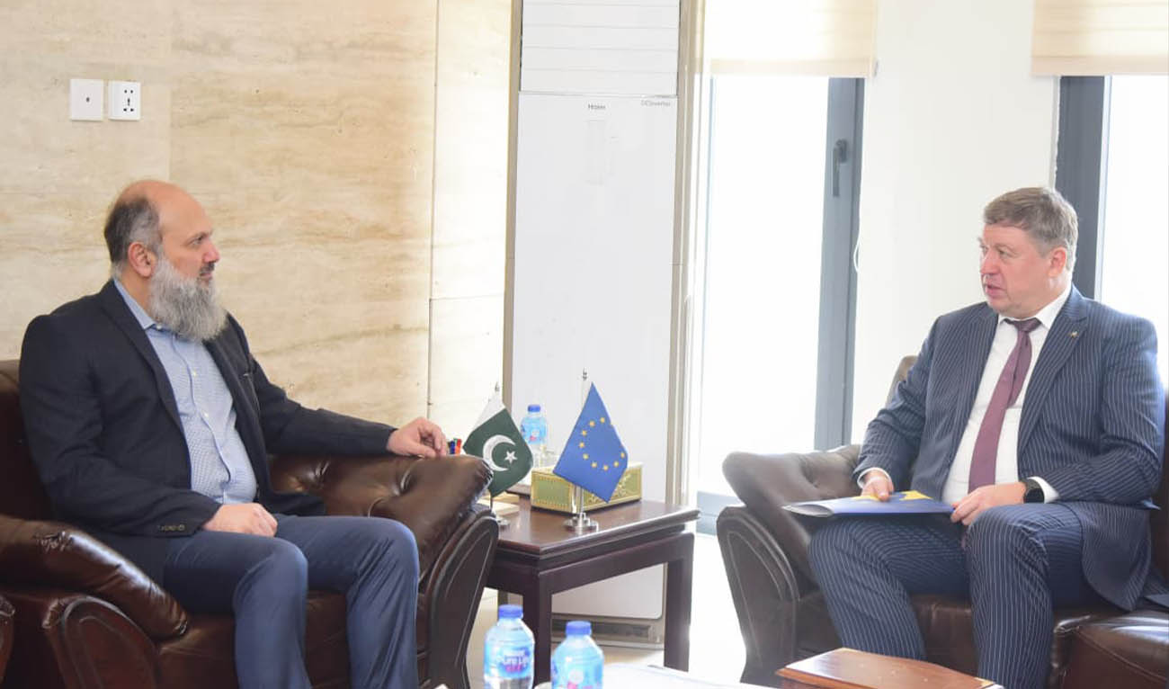 Pakistan Commerce Minister Jam Kamal Khan (R) meeting with European Union officials in Islamabad, Pakistan on April 17, 2026. (GoP)