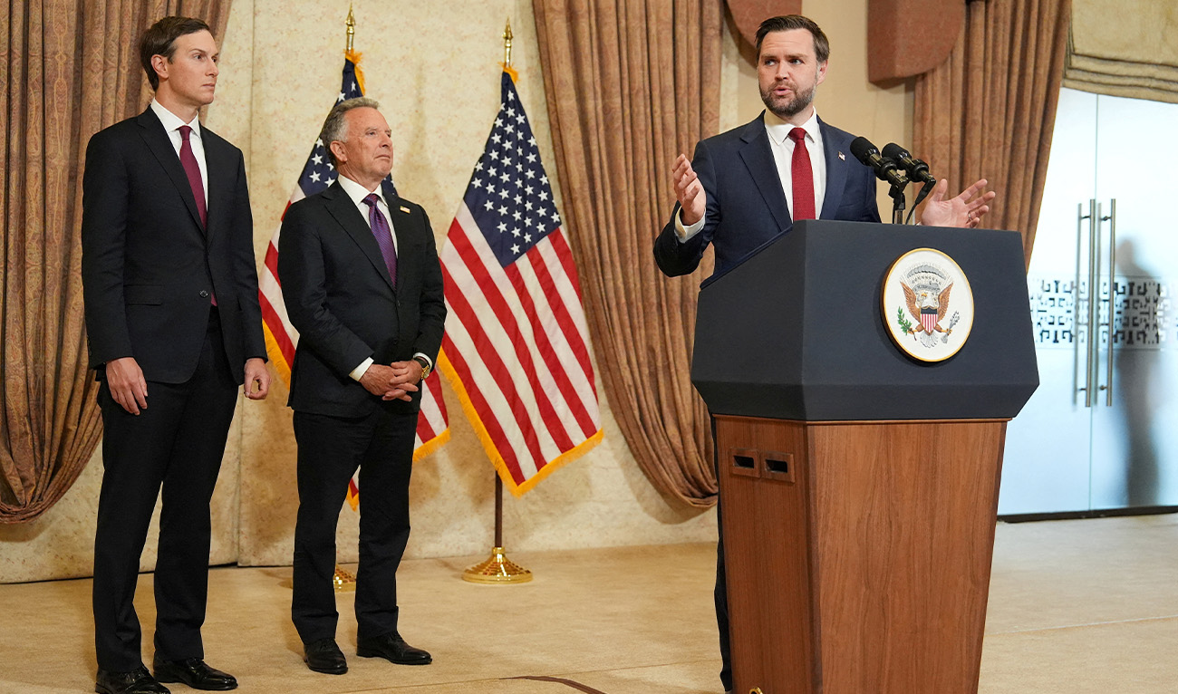 US Vice President JD Vance (right) speaks during a press conference after meeting with representatives from Pakistan and Iran as Jared Kushner (left) and Steve Witkoff, Special Envoy for Peace Missions, listen, on Sunday, April 12, 2026, in Islamabad, Pakistan. (Reuters/File)