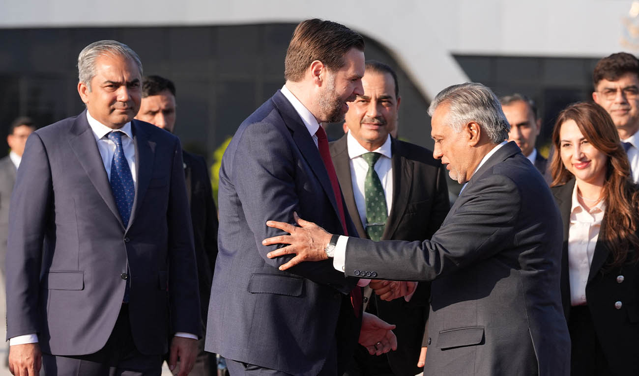 US Vice President JD Vance (C) shakes hands with Pakistani Deputy Prime Minister and Foreign Minister Mohammad Ishaq Dar (3rd R), as Pakistan's Interior Minister Mohsin Naqvi (L), Pakistan's Chief of Defence Forces Chief of Army Staff Field Marshall Asim Munir (centre R) and Charge d'Affaires of the U.S. Embassy in Islamabad Natalie A. Baker (2nd R) look on, as he prepares to board Air Force Two after attending talks on Iran in Islamabad on April 12, 2026. (AFP/ file)