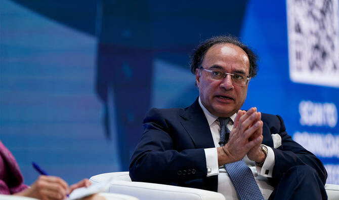 Pakistan Finance Minister Muhammad Aurangzeb participates in a panel titled “Navigating an Uncertain World” during the 2025 annual IMF/World Bank Spring Meetings in Washington DC, US, April 25, 2025. (REUTERS/File)